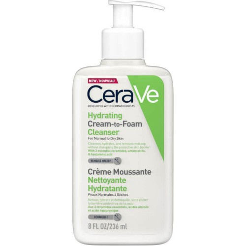 CeraVe Hydrating Cream-To-Foam Cleanser Αφρώδης Kρέμα Καθαρισμού Ντεμακιγιάζ 236ml