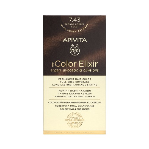 Apivita My Color Elixir Μόνιμη Βαφή Μαλλιών με Έλαιο Ελιάς, Argan και Αβοκάντο 7.43 Ξανθό Χάλκινο Μελί