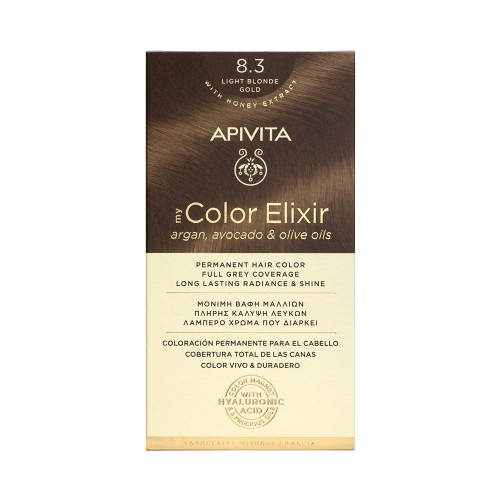 Apivita My Color Elixir Μόνιμη Βαφή Μαλλιών με Έλαιο Ελιάς, Argan και Αβοκάντο 8.3 Ξανθό Ανοιχτό Χρυσό