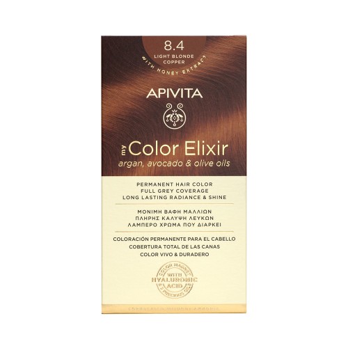 Apivita My Color Elixir Μόνιμη Βαφή Μαλλιών με Έλαιο Ελιάς, Argan και Αβοκάντο 8.4 Ξανθό Ανοιχτό Χάλκινο
