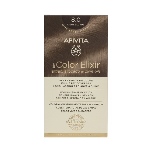 Apivita My Color Elixir Μόνιμη Βαφή Μαλλιών με Έλαιο Ελιάς, Argan και Αβοκάντο 8.0 Ξανθό Ανοιχτό