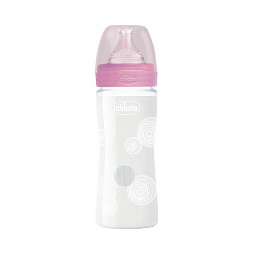 Chicco Well Being Γυάλινο Μπιμπερό Κατά των Κολικών με Θηλή Σιλικόνης (0m+) 240ml - Ροζ (28721-10)