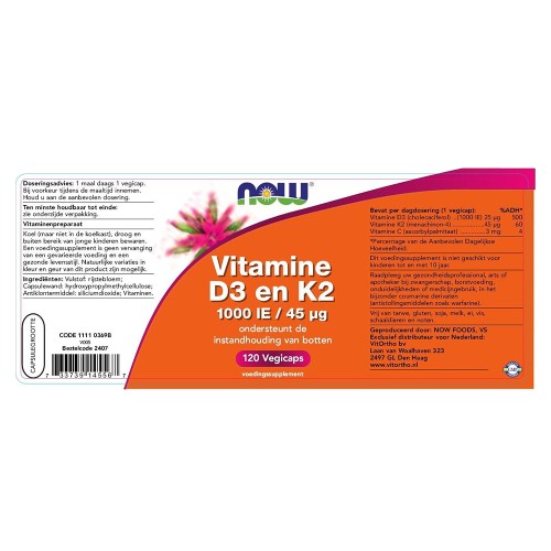 Now Foods Vitamin D3 1000IU & K2 45mcg για την Υγεία των Οστών 120veg. caps