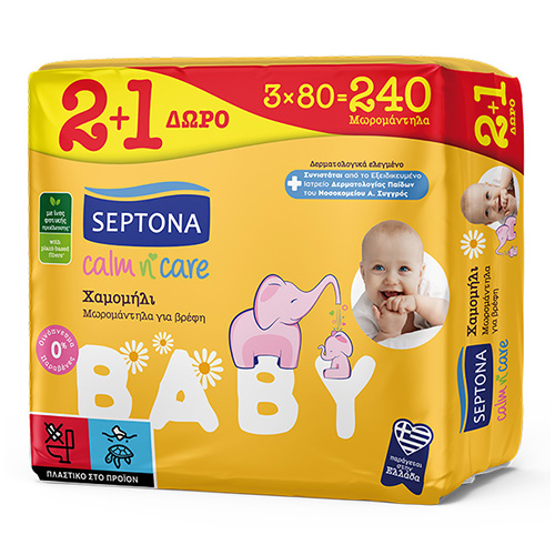 Septona Calm N' Care Chamomile Μωρομάντηλα χωρίς Οινόπνευμα & Parabens με Χαμομήλι 3x80τμχ