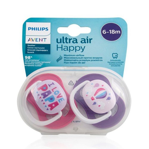 Philips Avent SCF080/04 Ultra Air Happy Ορθοδοντική Πιπίλα Σιλικόνης 6-18m Ροζ-Μωβ 2τμχ