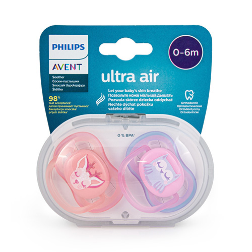 Philips Avent SCF085/02 Ultra Air Ορθοδοντική Πιπίλα Σιλικόνης 0-6m Ροζ-Μωβ, 2τμχ