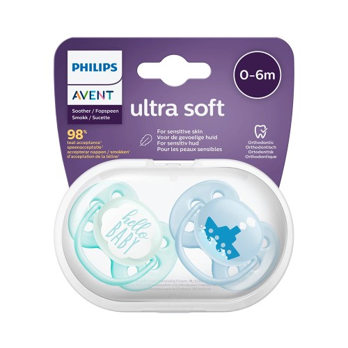 Philips Avent SCF222/01 Ultra Soft Ορθοδοντική Πιπίλα Σιλικόνης 0-6m Γκρι/Γαλάζιο, 2τμχ