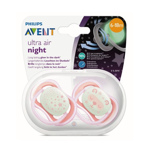 Philips Avent SCF376/22 Ultra Air Νυχτερινή Ορθοδοντική Πιπίλα Σιλικόνης 6-18m Ροζ 2τμχ