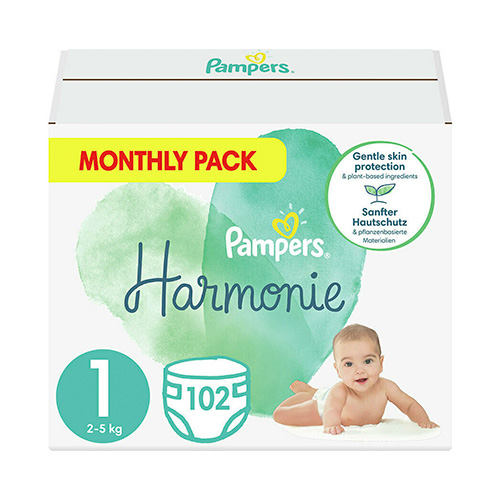 Pampers Harmonie Monthly Pack Πάνες με Αυτοκόλλητο No1 (2-5kg) 102τμχ