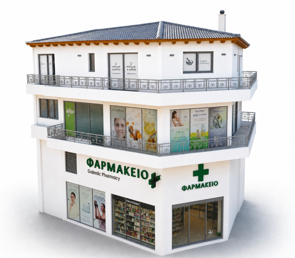 Εξωτερική όψη του φαρμακείου Galenic Pharmacy στη Νίκαια (Μπελογιάννη 91 & Κρήνης 50)