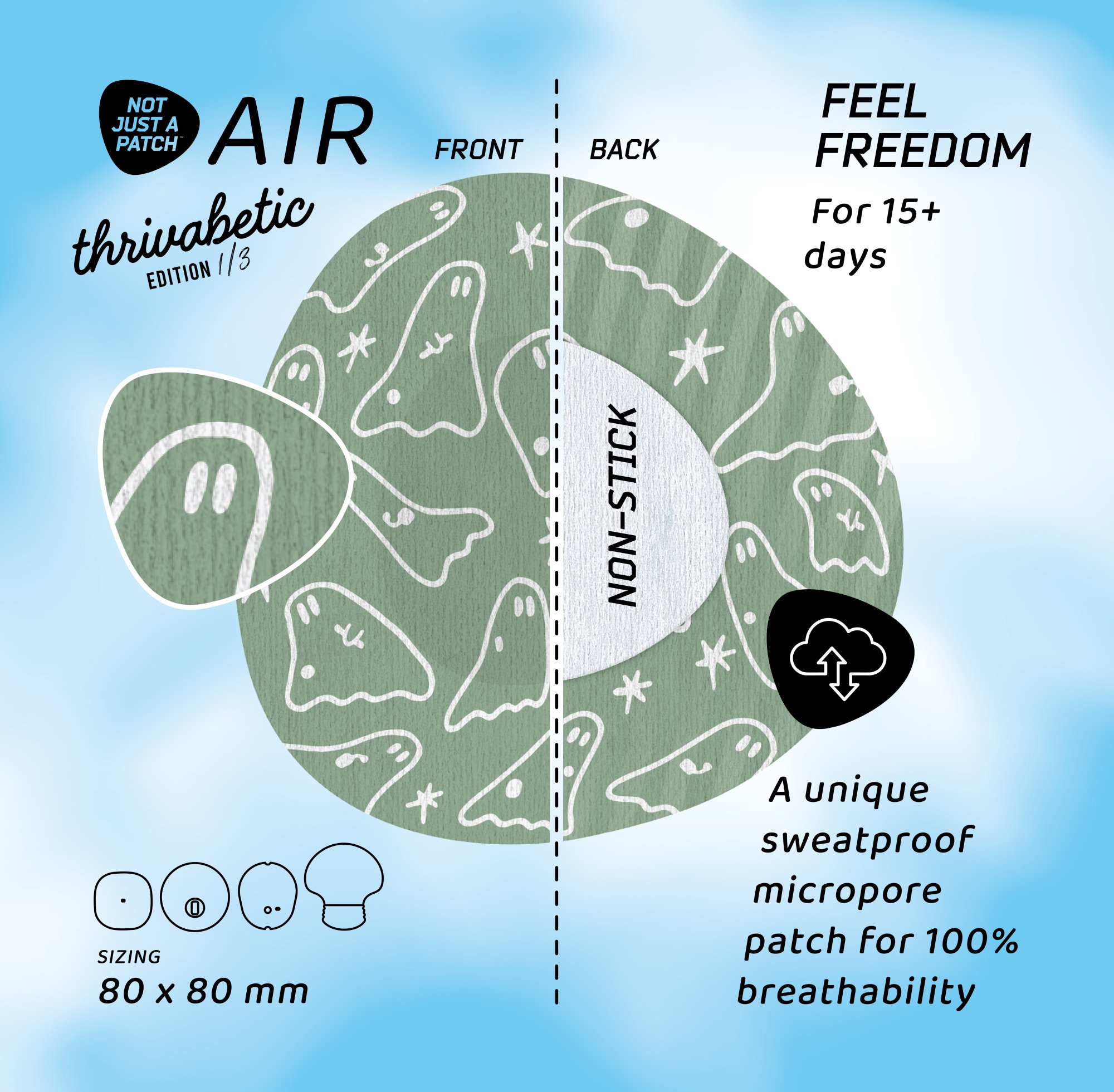 Not Just a Patch Air Thrivabetic Αδιάβροχα Αυτοκόλλητα για Αισθητήρες Freestyle Libre 2 Plus, Medtronic Guardian, Dexcom G7, Dexcom ONE+, Sibionics GS1 & Medtrum TouchCare Nano 10τμχ - T1D Ghosty Mode - Image 2