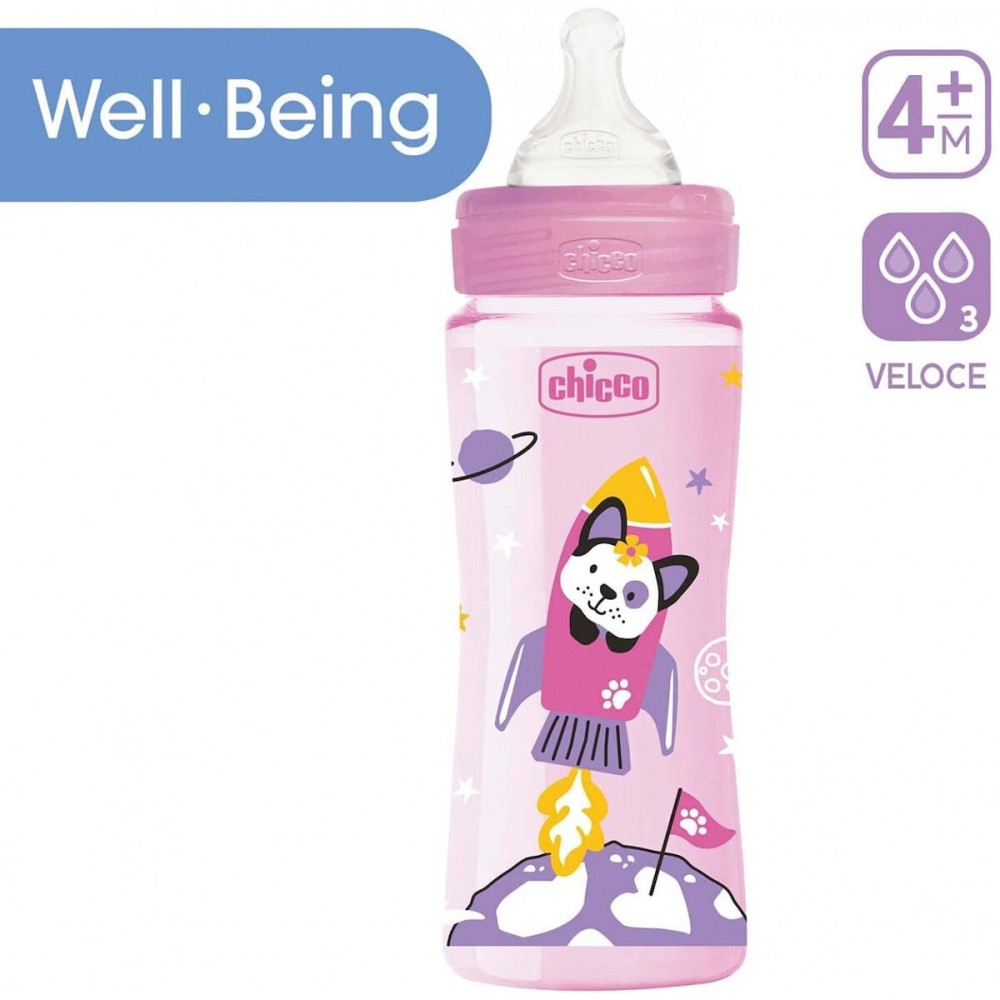 Chicco Well Being Πλαστικό Μπιμπερό με Θηλή Σιλικόνης 4m+ 330ml (28637-10) – Ροζ