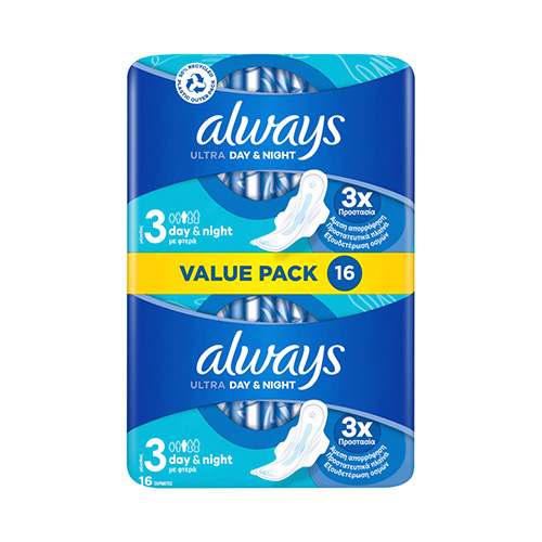 Always Ultra Day & Night Value Pack Μέγεθος 3 Σερβιέτες με Φτερά 16τμχ