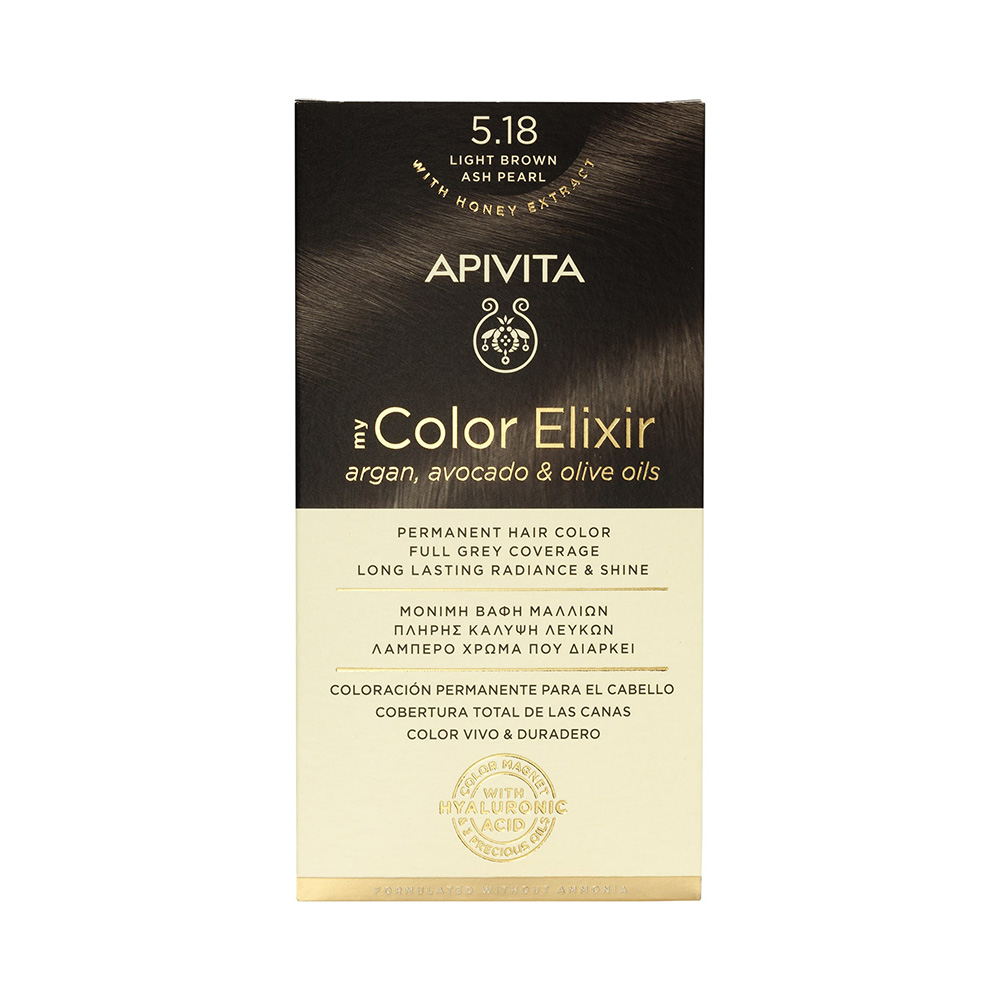 Apivita My Color Elixir Μόνιμη Βαφή Μαλλιών με Έλαιο Ελιάς, Argan και Αβοκάντο 5.18 Καστανό Ανοιχτό