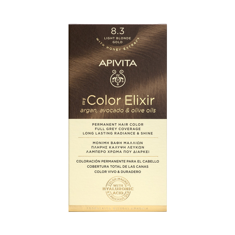 Apivita My Color Elixir Μόνιμη Βαφή Μαλλιών με Έλαιο Ελιάς, Argan και Αβοκάντο 8.3 Ξανθό Ανοιχτό Χρυσό
