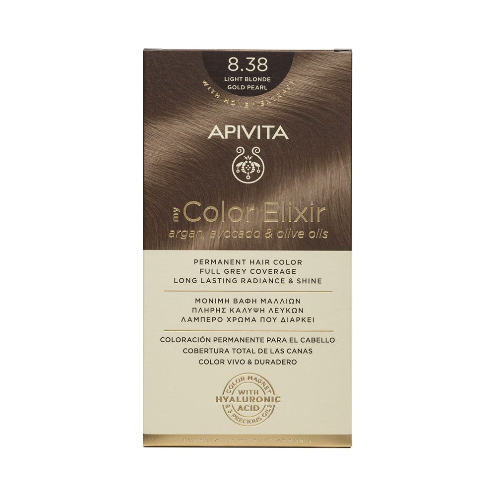 Apivita My Color Elixir Μόνιμη Βαφή Μαλλιών με Έλαιο Ελιάς, Argan και Αβοκάντο 8.38 Ξανθό Ανοιχτό Μελί Περλέ