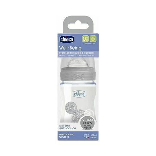 Chicco Well Being Γυάλινο Μπιμπερό Κατά των Κολικών με Θηλή Σιλικόνης (0m+) 150ml – Γκρι (28711-30)