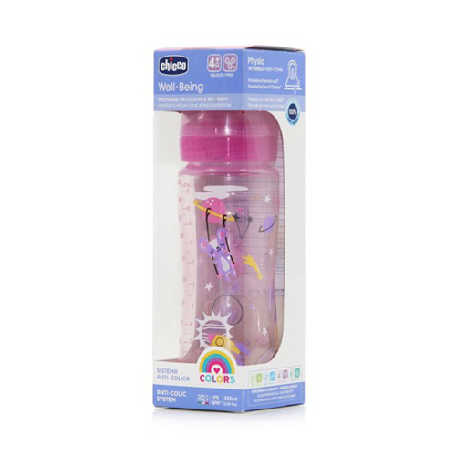 Chicco Well Being Πλαστικό Μπιμπερό με Θηλή Σιλικόνης 4m+ 330ml (28637-10) – Ροζ