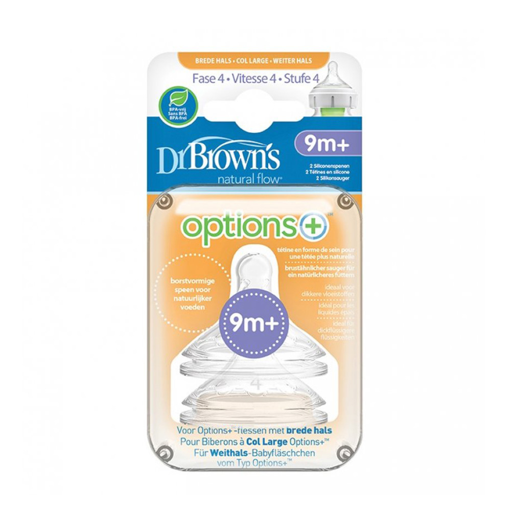 Dr. Brown’s Options+ Θηλές Σιλικόνης για Μπιμπερό με Φαρδύ Λαιμό Επίπεδο 4 (9m+) 2τμχ