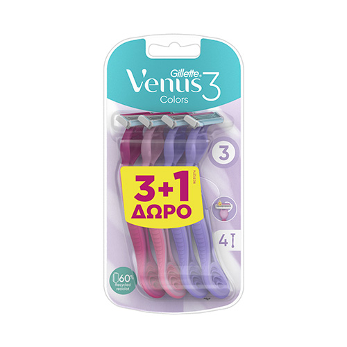 Gillette Venus 3 Color Ξυραφάκια Σώματος μιας Χρήσης με 3 Λεπίδες & Λιπαντική Ταινία 4τμχ