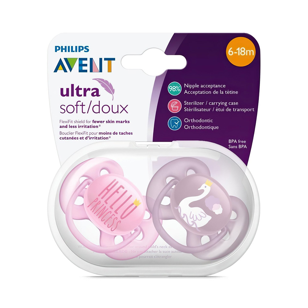 Philips Avent SCF223/02 Ultra Soft Ορθοδοντική Πιπίλα Σιλικόνης 6-18m Μωβ/Ροζ, 2τμχ