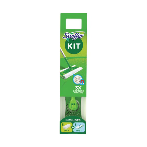 Swiffer Dry & Wet Κιτ Καθαρισμού με 1 Σκούπα, 8 Στεγνά Πανάκια & 3 Υγρά Πανάκια
