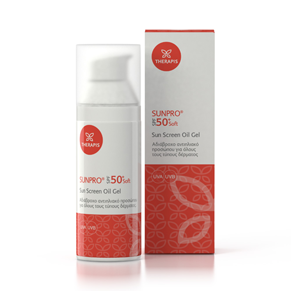 Therapis Sunpro SPF50+ Soft Sun Screen Oil Gel Αδιάβροχο Αντιηλιακό Προσώπου 50ml
